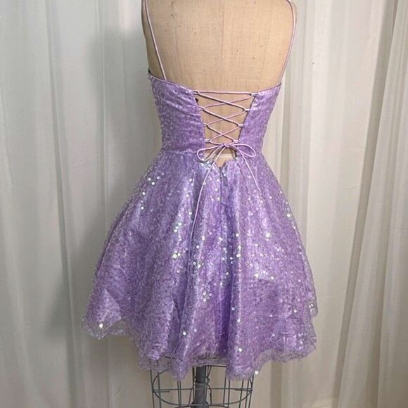Alyce Paris Lilac Sequin Mini Dress Corset Back - Picture 6 of 8
